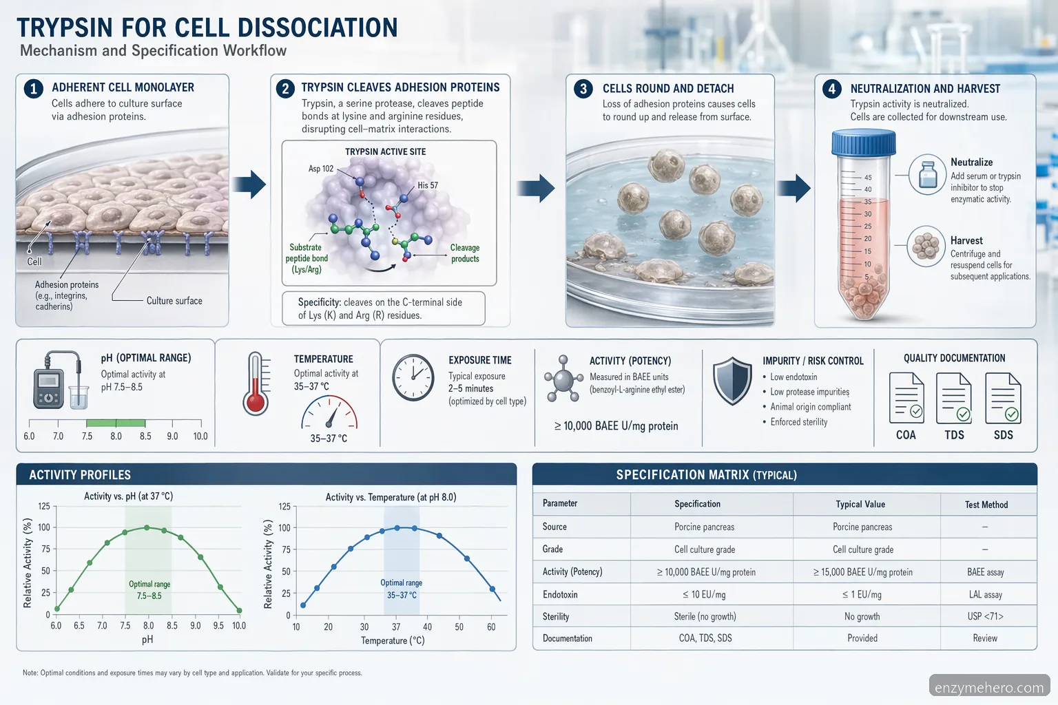 enzyme trypsin specification checklist diagram showing cell dissociation, pH, temperature, activity, and QC data