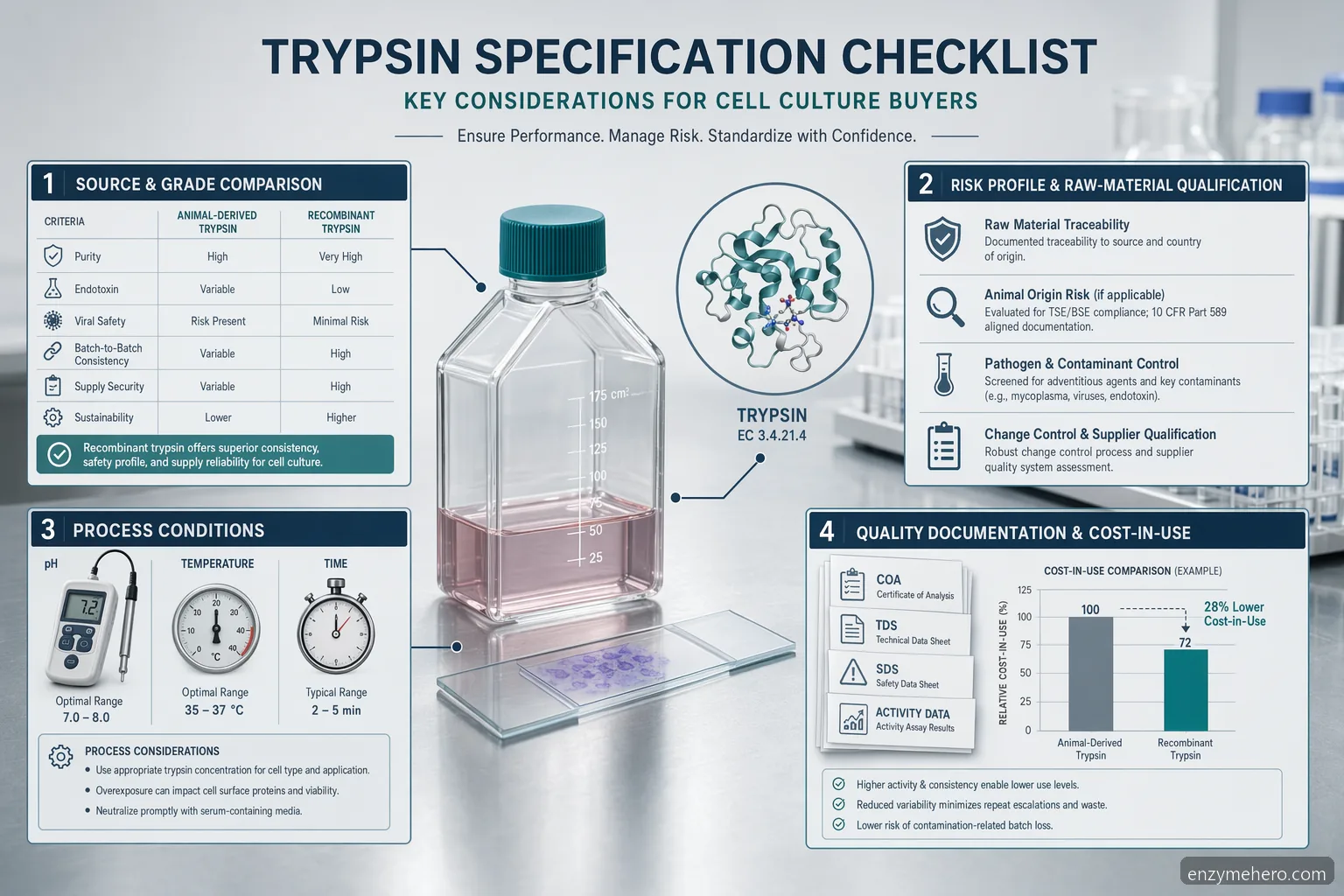 enzyme trypsin specification checklist for cell culture buyers with source, QC, process, and cost factors