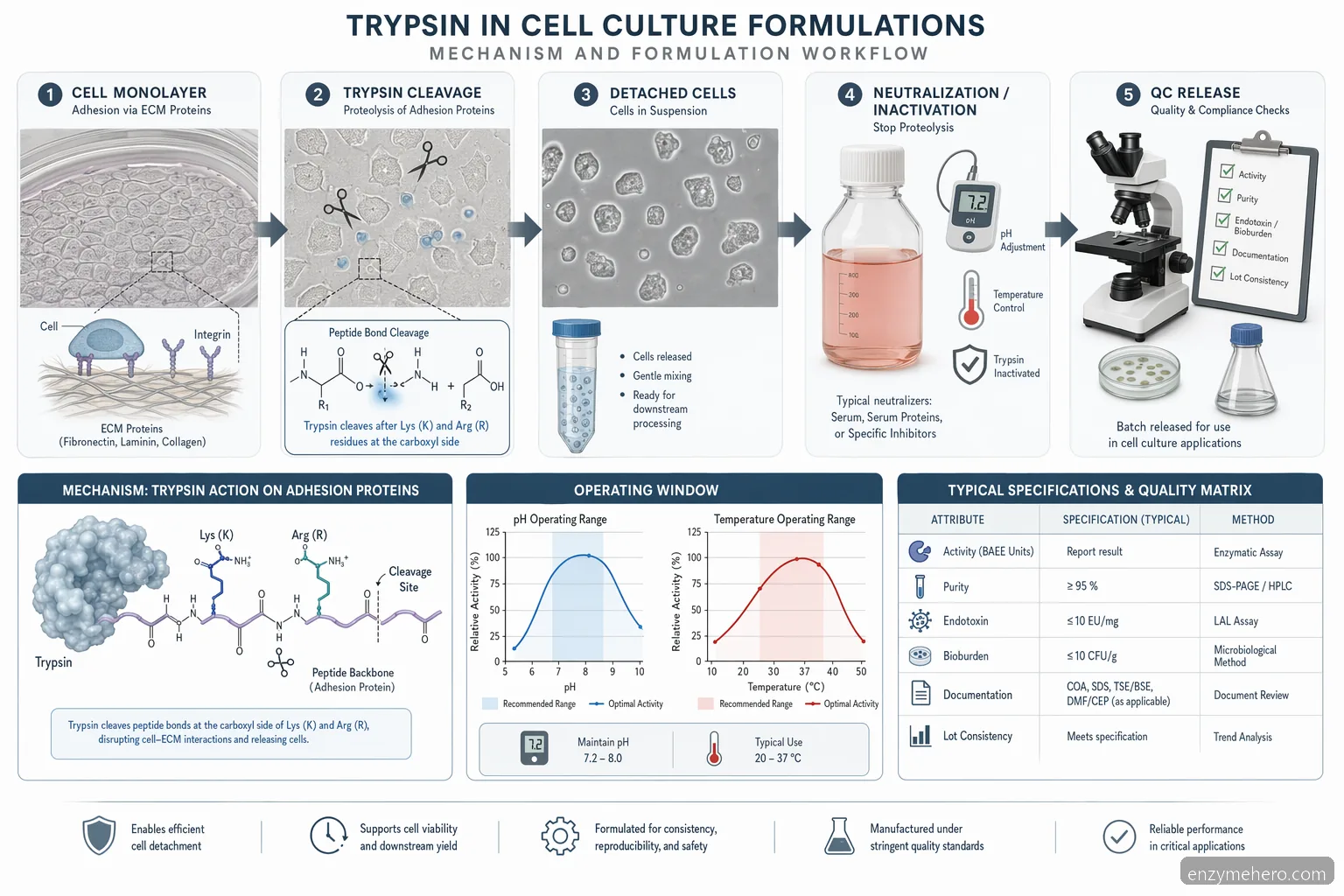 enzymes trypsin cell culture formulations process diagram showing detachment reaction, pH, temperature, and QC checkpoints