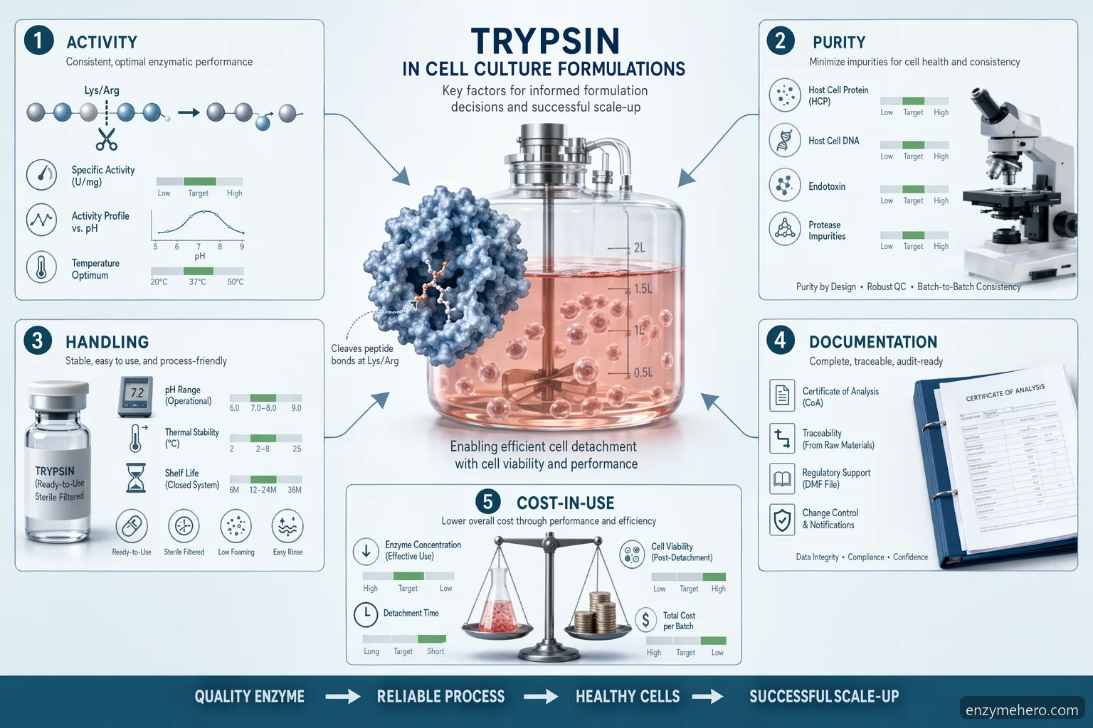 enzymes trypsin cell culture formulations infographic showing activity, purity, handling, QC, and cost factors
