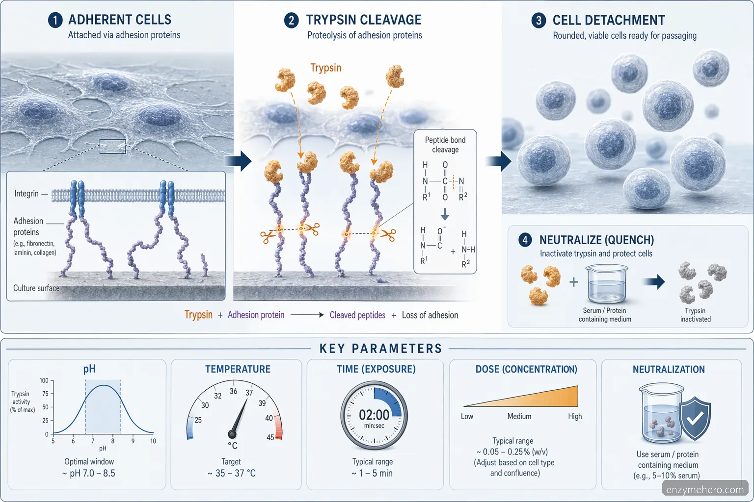 proteolytic enzymes trypsin supplier guide diagram mapping adhesion protein cleavage, cell detachment, and neutralization