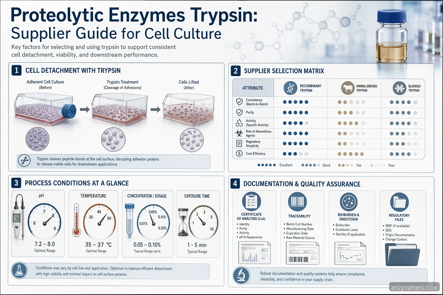 proteolytic enzymes trypsin supplier guide infographic showing cell culture use, sourcing specs, QC documents