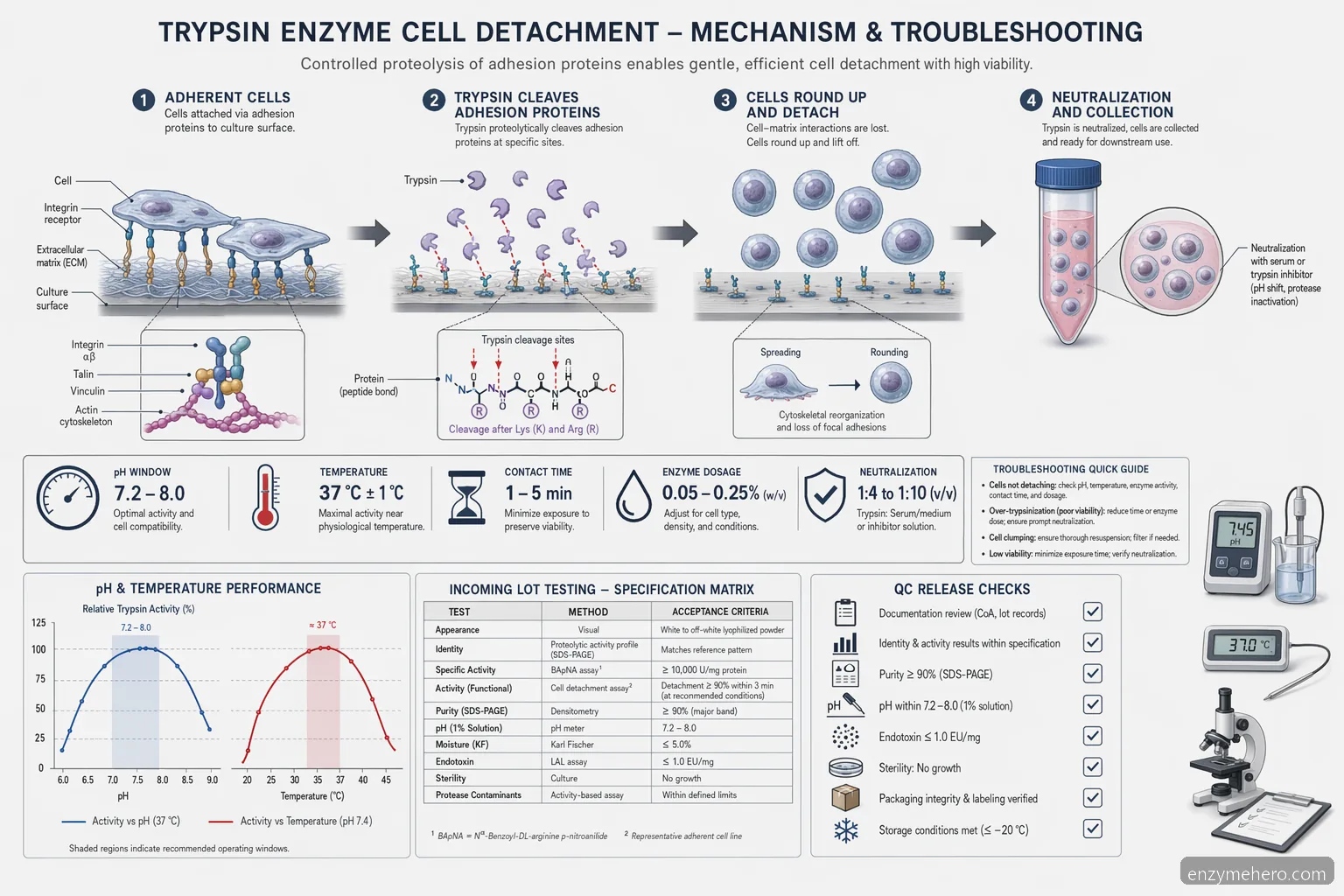 trypsin enzym cell detachment diagram mapping pH, temperature, contact time, and QC release checkpoints