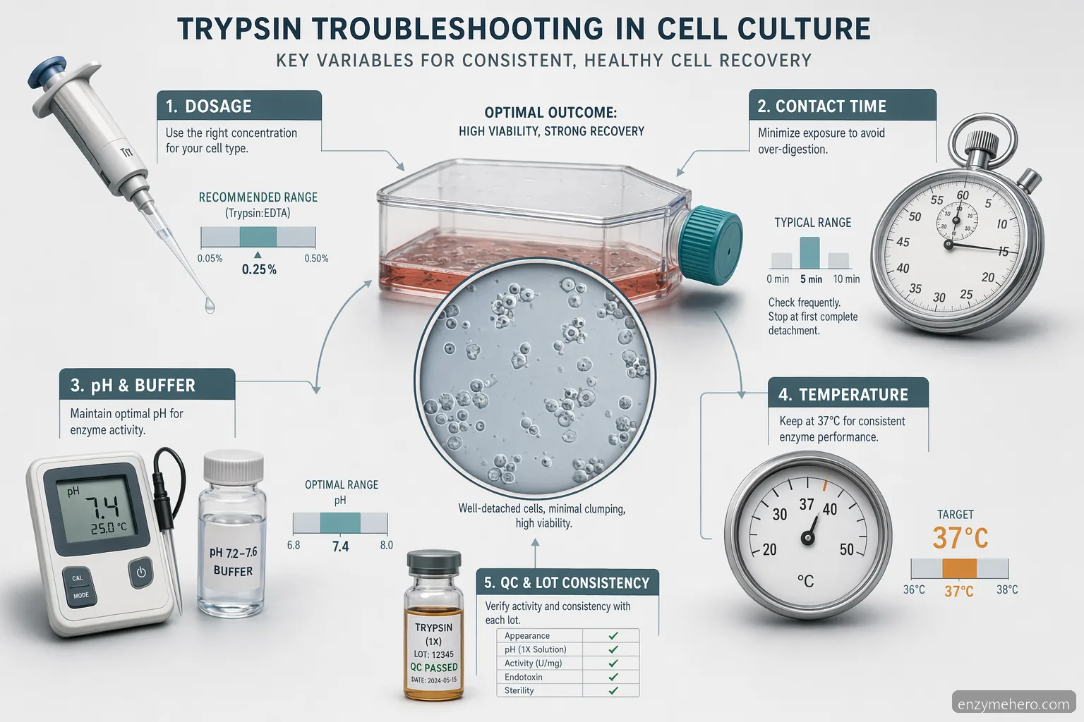 trypsin enzym cell culture troubleshooting infographic showing dosage, pH, temperature, QC, and scale-up controls