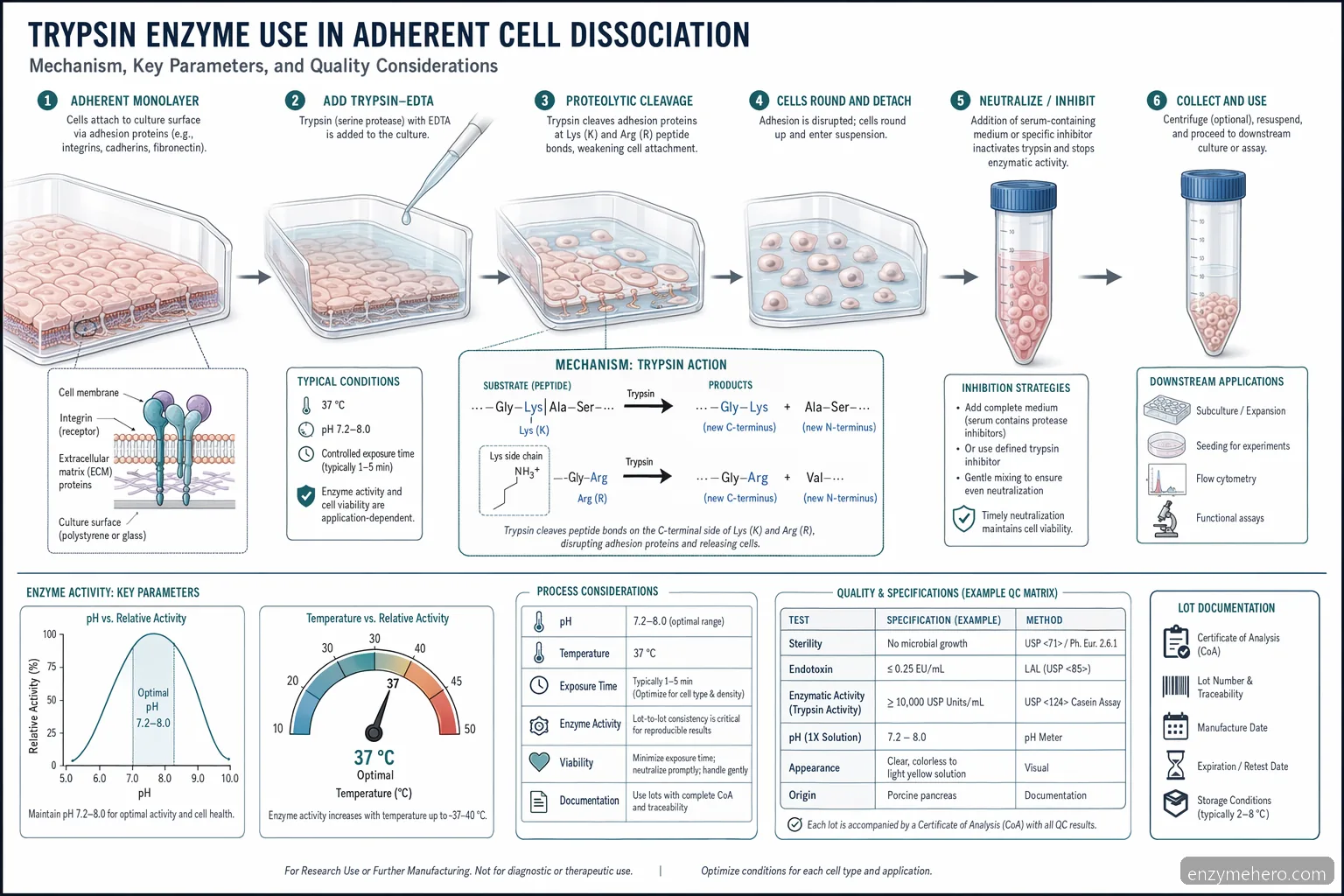 trypsin enzyme cell culture process guide diagram showing adhesion-protein cleavage, detachment, neutralization, and QC