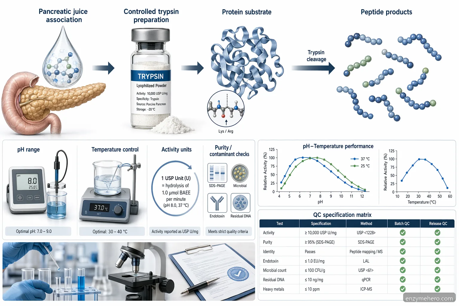 trypsin enzyme is found in which juice: B2B Supplier Guide diagram of protein cleavage, pH, temperature, and QC