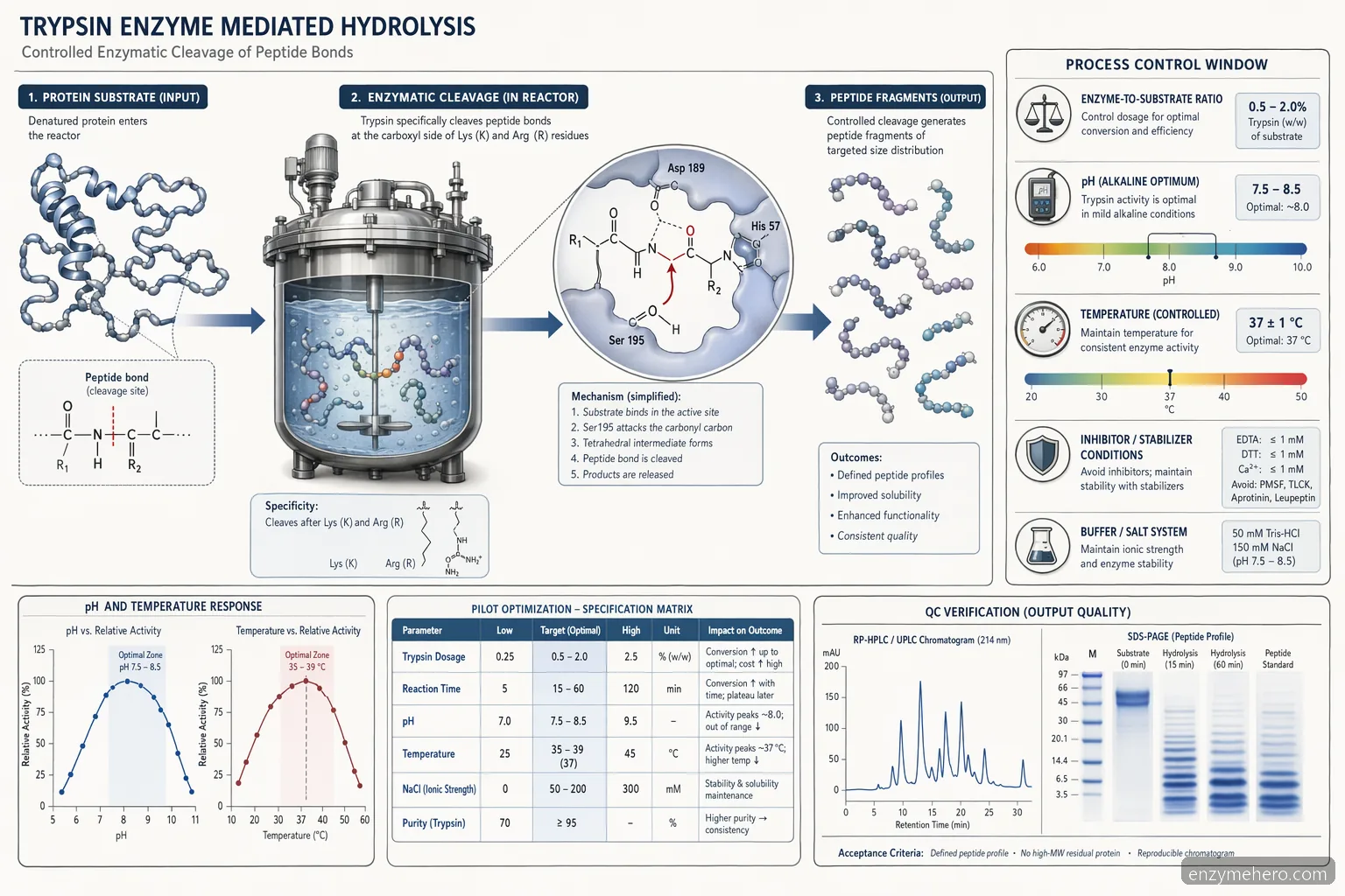 trypsin enzyme mediated hydrolysis process control showing enzyme-to-substrate dosing, pH 8 curve, and 37°C temperature window