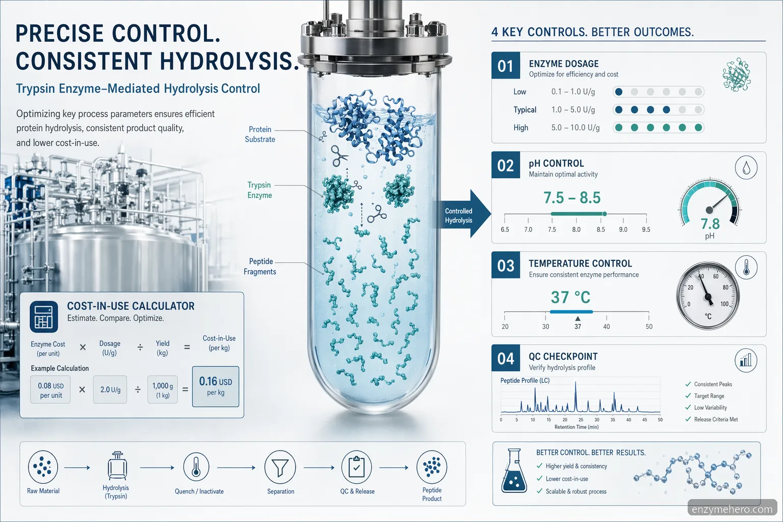 trypsin enzyme mediated hydrolysis dosage, pH, and temperature control with dosage bands, QC checks, and cost-in-use