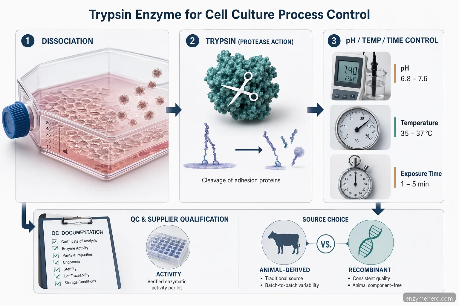 trypsin enzyme cell culture process guide infographic with dissociation controls, QC checks, and sourcing choices